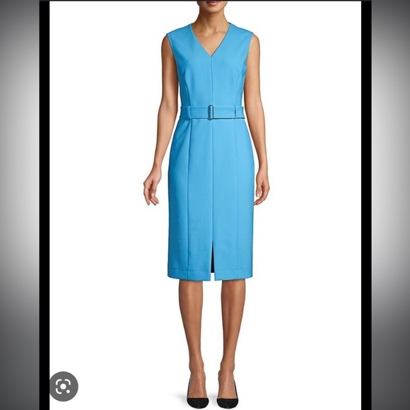 Hugo  Boss Belted Sleeveless Dadorina Dress Blue - Picture 1 of 6
